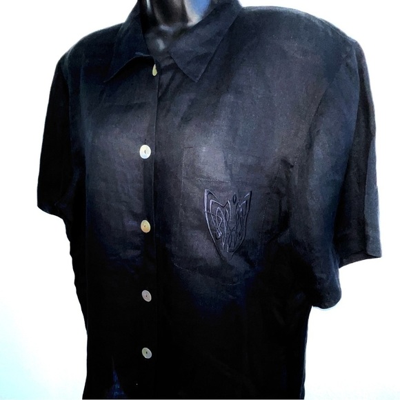 Jaeger Woman 100% LINEN Black Button Down Top Short Sleeve Shirt Size L - Picture 4 of 13